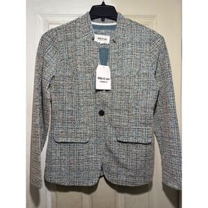 Ookie & Lala Women Textured Blazer Jacket Single Button Teal Blue Multi Color M